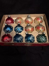 Vintage Shiny Brite Poinsettia + Merry Christmas Glass Ornaments (in Wrong Box) picture