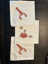 Vintage Set of Nautical Cross Stitch Tablecloth & 3 Napkins Lobster Crab Coastal picture