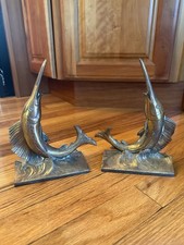 Vintage Solid Brass Swordfish Sailfish Marlin Bookends Figurines Nautical Sea picture