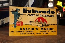 RARE 1950s EVINRUDE OUTBOARD BOAT MOTOR DEALER EMBOSSED METAL SIGN GAS MARINE picture