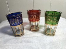 (3) Vtg KOREAN  Glass Barware RED BLUE GREEN Stencil/Foil Juice Tumblers  3.75