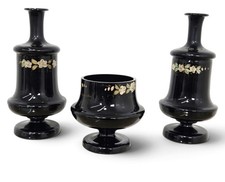 Antique Black Amethyst Glass Mantel Set Hand Painted Flower Vases 3pc Mint picture