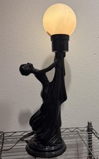 Vintage Art Deco Black Ceramic NUDE LADY Holding Opal Glass GLOBE Table Lamp 70s picture