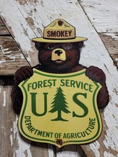 VINTAGE SMOKEY BEAR PORCELAIN SIGN RARE OLD FOREST SERVICE NATIONAL PARK DIECUT  picture