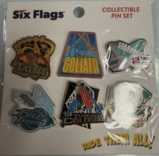 Six Flags Magic Mountain Collectible Pin Set Tatsu, X2, Goliath, Viper, Colossus picture