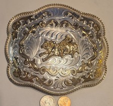Vintage Oversized Mexican Alpaca Belt Buckle Running Horse Silver Gold Western C picture