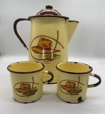 VTG Monterey Western Ware Enamel Coffee Pot & Mugs Cowboy hat & Lasso picture