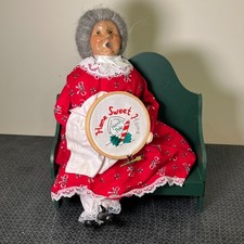 Vtg Byers Choice Caroler Mrs Claus Sitting on Bench, Needlepoint Home Sweet Home picture