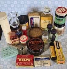 Vintage Apothecary Medicine Lot 22 Tins Bottles Boxes Carters Cuticura Tanac etc picture
