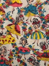 RARE VTG 70s Big Eye Ballet Girls Cotton Canvas Novelty Retro Kitsch 44”x 5 Yard picture