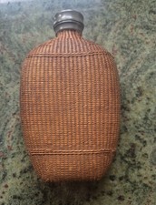 antique WW1 wicker covered officers flask basket flask picture