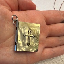 Mother of Pearl Cross Design Hinged Metal Prayer Box Charm picture