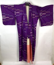 Vintage 50s 60s Japanese Kimono Long Maxi Boho Robe Geometric Purple ONE SIZE picture