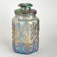 LE Smith Imperial Atterbury Scroll Iridescent Carnival Glass Canister Jar 9” Vtg picture
