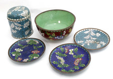 VTG Cloisonne Cigarette Box Container Jar w/ 3Ashtrays /bowl Chinese 1930's picture