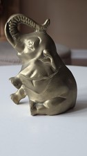 Vintage Solid Brass Sitting Elephant Figurine With Raised Trunk picture