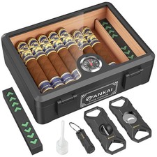 Glass Top Cigar Humidor Box Black Cedar Lining, Humidifier, Hygrometer picture