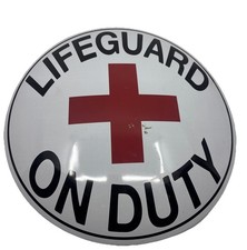 LIFEGUARD ON DUTY Domed Button Sign Metal Tin Round 15.5