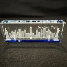 Vtg New York City Skyline 3D Laser Engraved Crystal Block Souvenir Paperweight picture