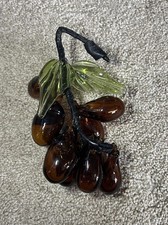 Vintage Blown Glass Brown Grapes Cluster on Stem with Green Leaf picture