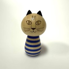 Lisa Larson Minmi Blue Striped Cat Wooden Kokeshi With Box Collectible 15+ picture