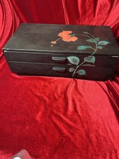 Bembo Okinawa Black Lacquer Red Hibiscus Large Jewelry Box Post 1940's Vintage picture