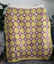 Antique Vintage Patchwork Quilt 90x76 Hand Tied Mustard Red Blue Farmhouse picture
