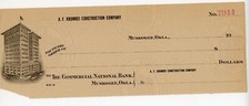 Vintage 1920s A.F. Krumrei Construction Company Check Muskogee Oklahoma Unused picture