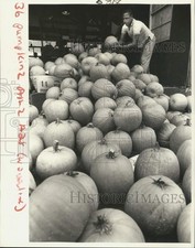1985 Press Photo Gerard Fernandiz stacks pumpkins in the French Market picture