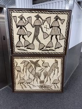 2 X Vintage African Korhogo Mud Cloth Textile  Ivory Coast Wall Art Framed 4x5’ picture