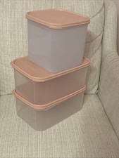 Tupperware Modular Mates, 3 Pieces with Vintage Pink Lids, Rectangle and Square picture