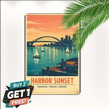Sunset Harbor Sailboats Scenic Tin Sign 8x12 Coastal Ocean Nautical Decor picture