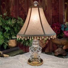 Petite Crystal Vintage Lamp Polished Brass Base Beaded Shade, Waterford Unsigned picture