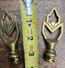 Pair Solid Brass Art Deco Flame Leaf  Motif Lamp Finials Vintage Lighting Shades picture