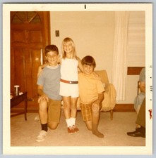 Vtg Color Snapshot Three Smiling Kids Posing Indoors Living Room 1970s picture
