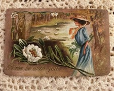 Antique 1911 Embossed Romantic Lady by River Postcard White Flower Posted picture