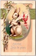 Easter Joys Be Yours, 1909 Bunny In Egg Holding Flowers Pussy Willows, Postcard picture