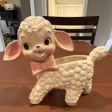 Vintage Nippon Yoko Boeki Japan Lamb Planter Pink Bow Big Eyes Ceramic 7” picture