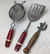 Lot/3 vintage red painted wooden handles EKCO Spatula, can punch, colander picture