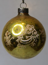 VTG WWII Glass Stencil Pictured SANTA HELPER w GIFT Ball Christmas Ornament GLD picture