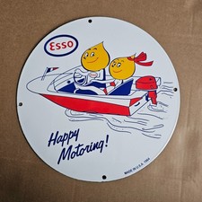VINTAGE 1964 ESSO BOY GIRL SH OLD US GASOLINE OIL GAS PUMP ENAMEL PORCELAIN SIGN picture