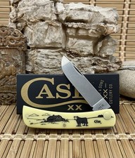 Case XX USA Smooth Yellow Farm Scene COW Stainless Sod Buster Jr. Pocket Knife picture