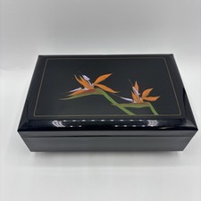 VTG Japanese Black Lacquer Mirror Music Box Bird of Paradise Red - Made in Japan picture