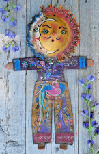 Sun Moon Face Bird of Paradise Handmade Canvas Coconut Guerrero Mexico Folk Art picture