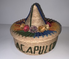Vintage Acapulco Basket Mexican Sombrero & Flowers Hand Woven picture