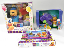 New Mattel Lot Of 3 Pooh Toys Talkin Fun With Train, Dominoes, Dressing Fun picture