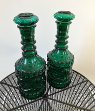 Vintage 1968 Jim Beam Emerald Green Glass Decanter Bottles with Stoppers Pair  picture