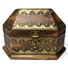 Vintage Indian Wood Brass Keepsake Box Octagon Jewelry Chest Studded Boho 8