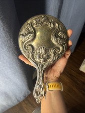 Vintage 1940s Silver Plated Floral Hand Mirror Old Hollywood Glamour Style picture