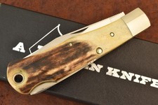 VINATGE BOWEN MADE IN USA AWESOME STAG HUGE JUMBO BULLET TRAPPER KNIFE (36414) picture
